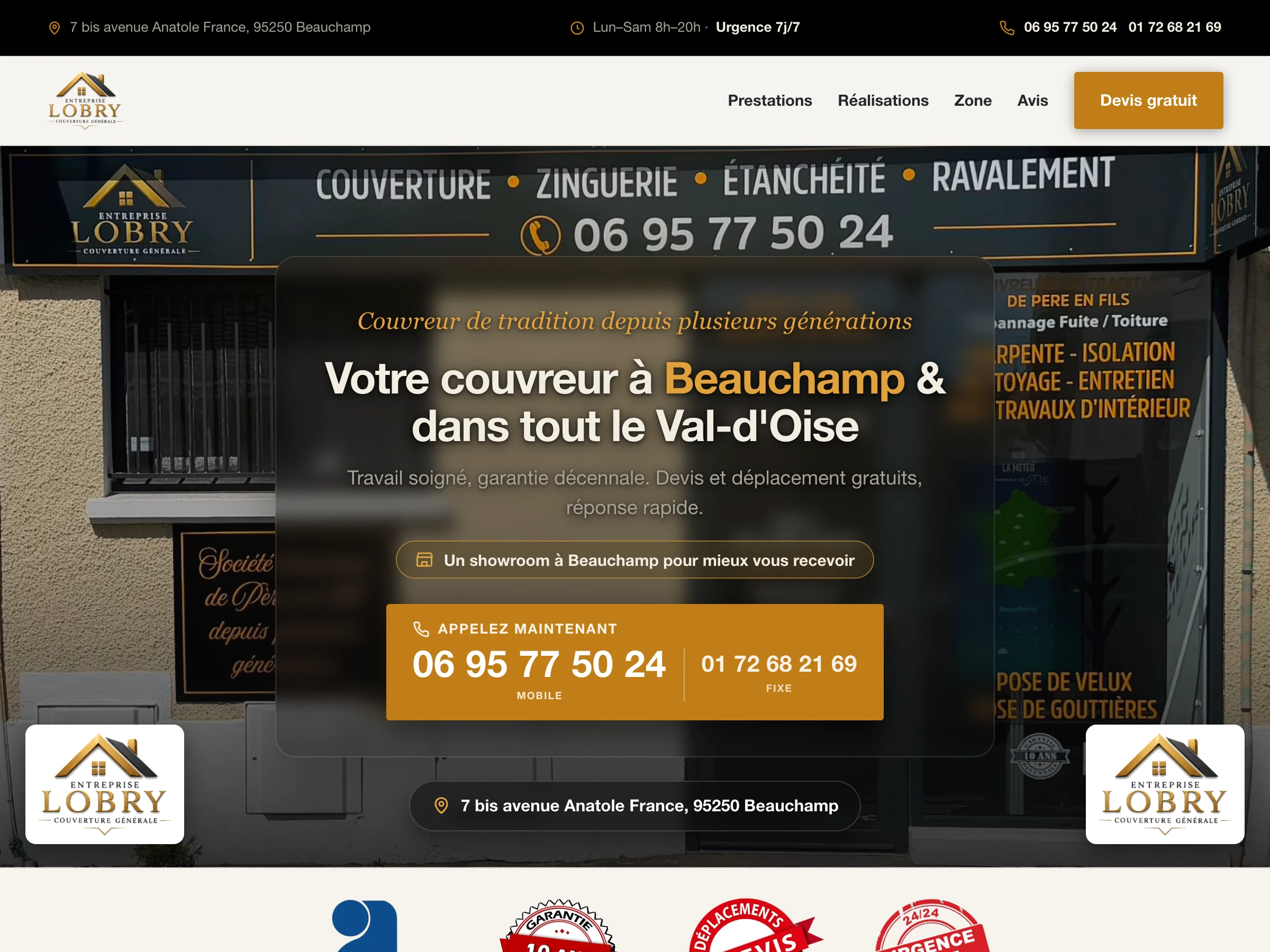 Site Entreprise Lobry, couvreur à Beauchamp